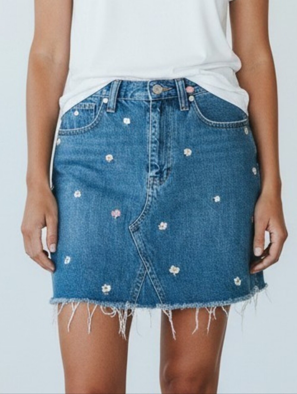Madewell Blue Denim Mini A-line Skirt with Floral Embroidery 28